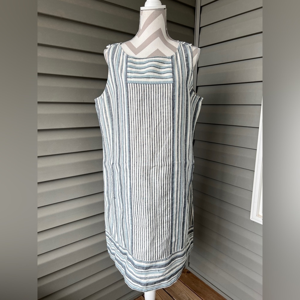 J Jill 100% LINEN Sheath Sleeveless Dress Blue Ivory Stripe Pockets SzL